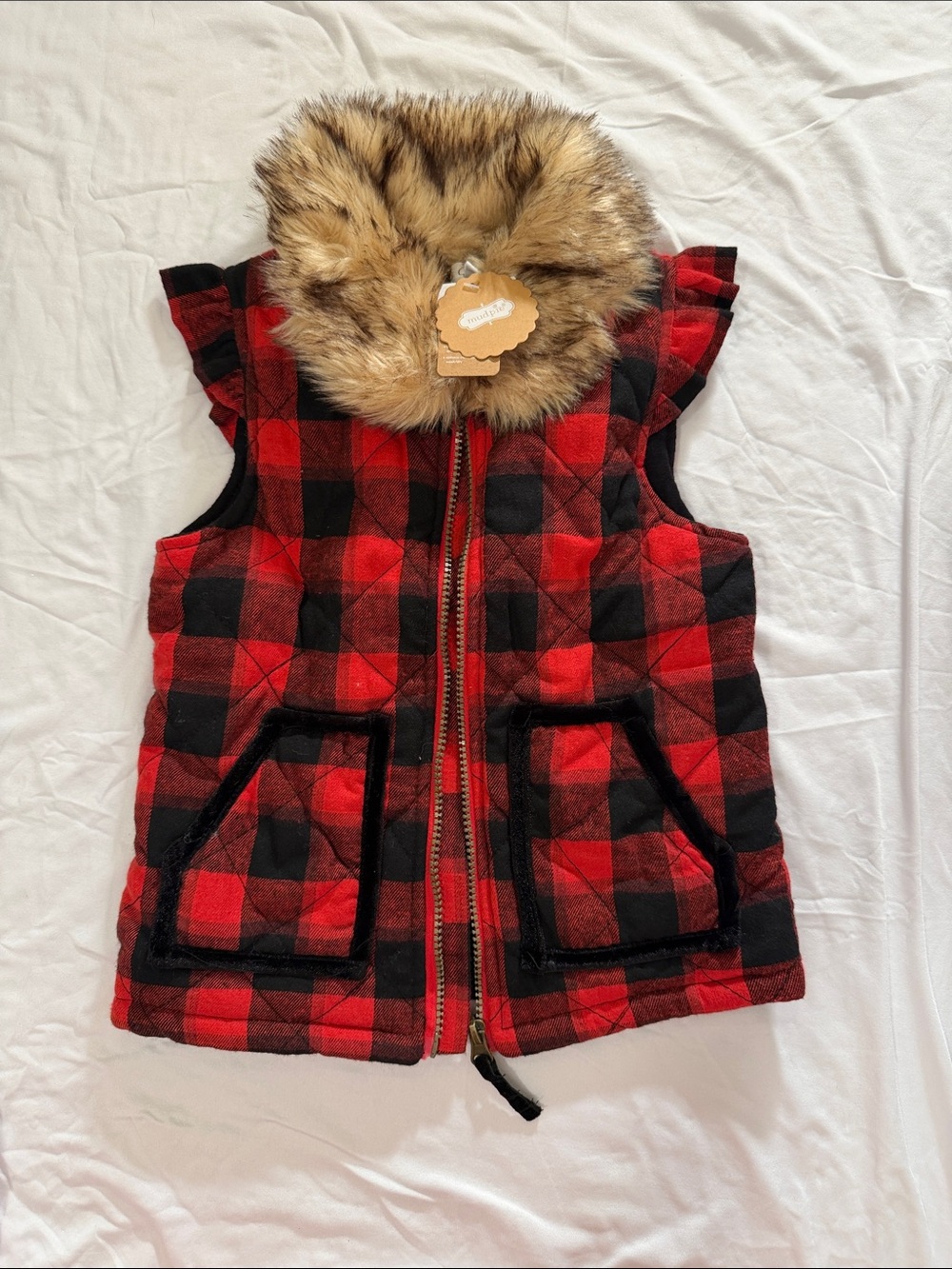Mud Pie Red & Black Plaid Quilted Vest with Faux Fur Trim